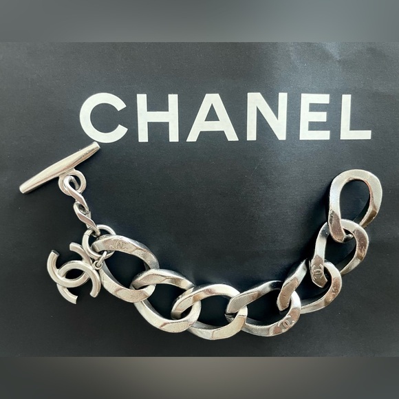 Authentic CHANEL Chain Link CC Bracelet Two-Tone Silver color Brushed - Picture 10 of 10